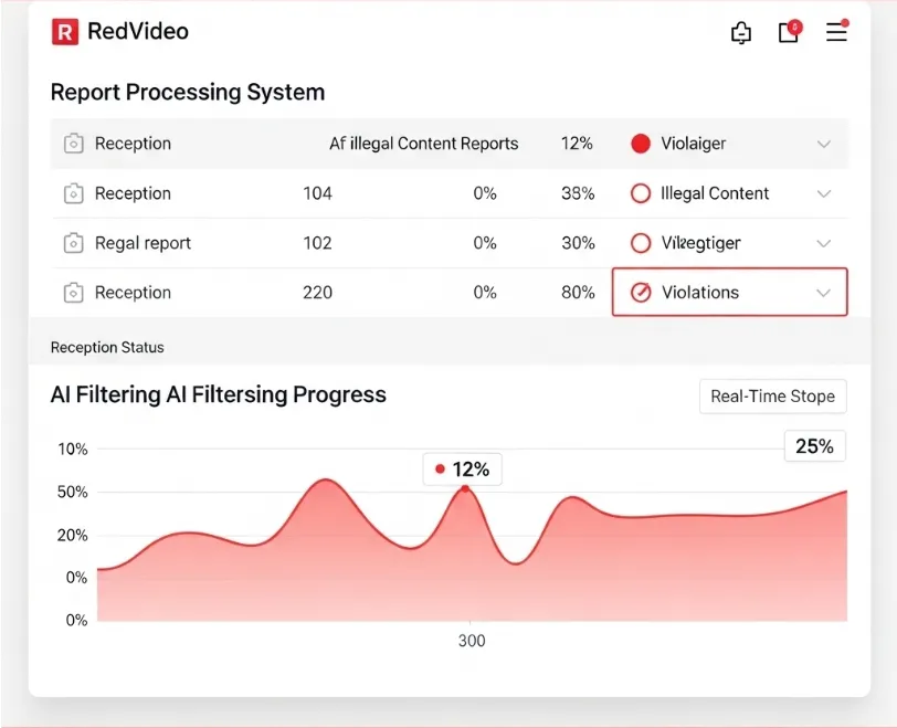 빨간비디오의 신고 처리 시스템 화면. 불법 콘텐츠 신고 접수 현황과 AI 필터링 진행 그래프 표시.
