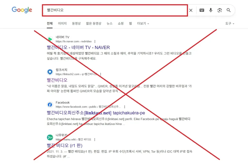 빨간비디오 검색시 나오는 가짜 사이트 화면.