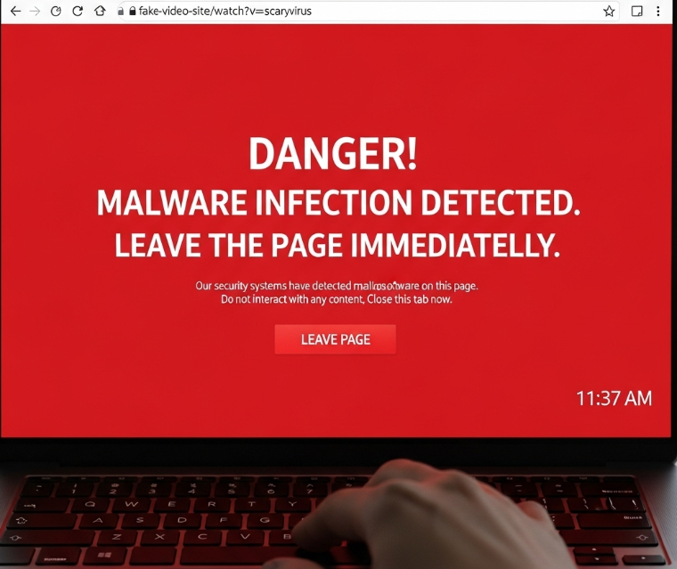 가짜 영상사이트 접속 시 나타나는 브라우저의 악성코드 경고 메시지 캡처.